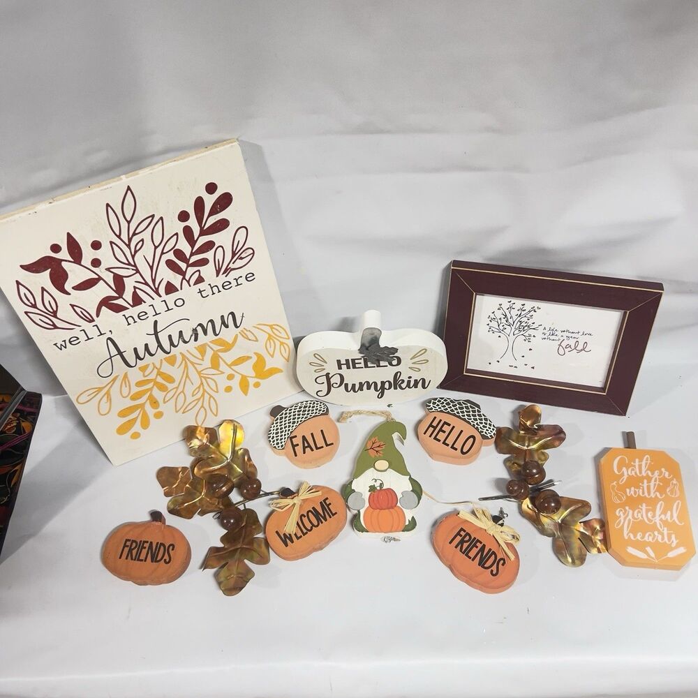 Fall/Thanksgiving Pumpkin Wood Sign Lot 12 Multicolor Hanging/Freestanding Decor
